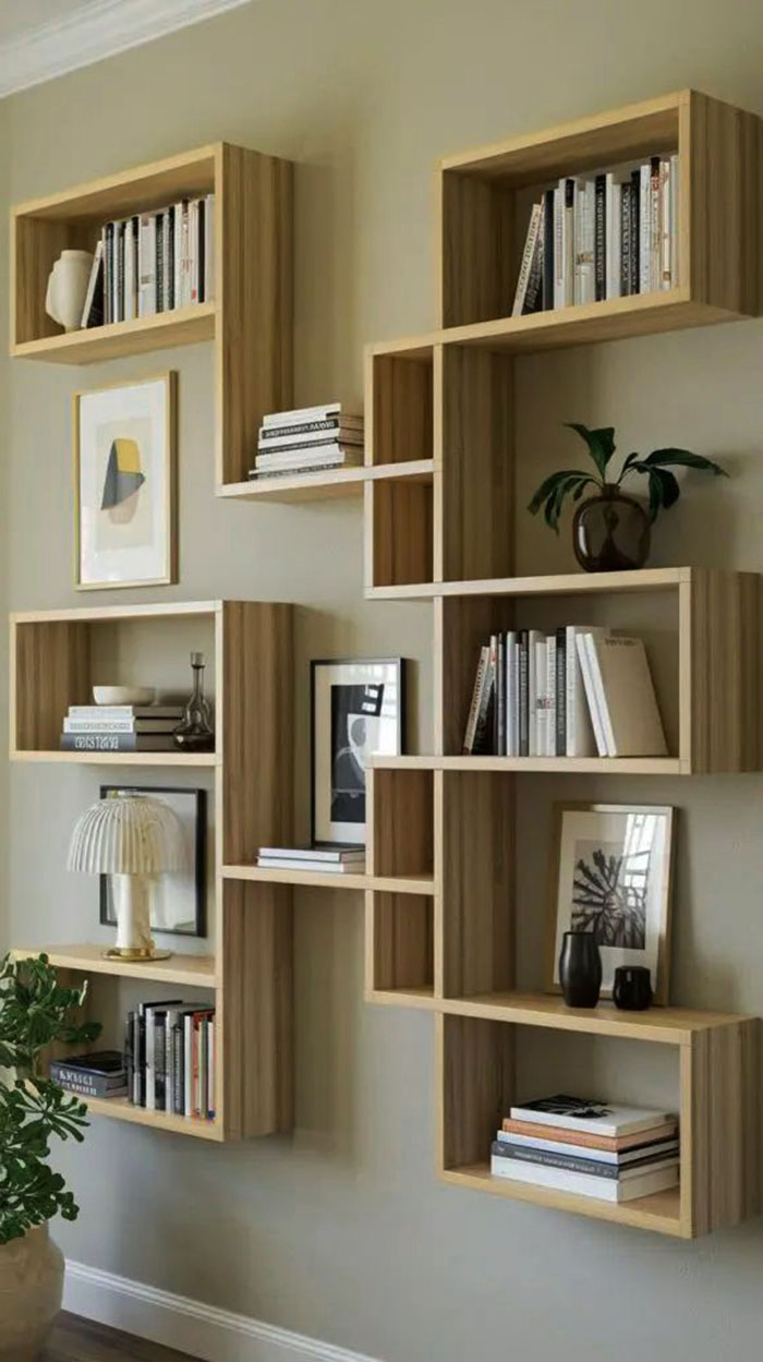 trang trí tường bằng kệ gỗ